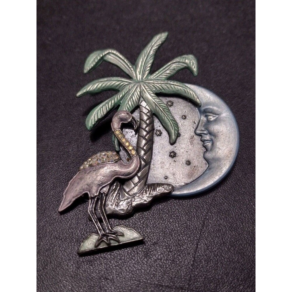 Silver Tone Flamingo Palm Tree Brooch Vintage